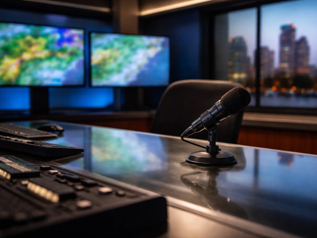 Empty Milwaukee TV weather studio with microphone and monitors showing stormy graphics