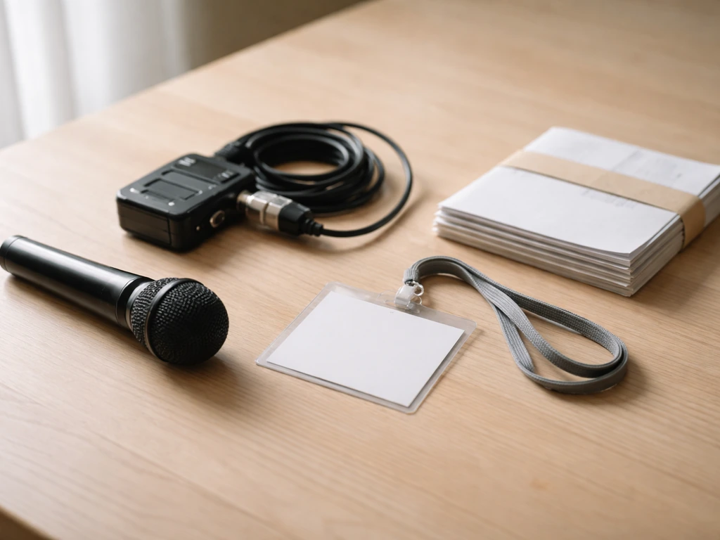 A TV meteorology broadcast kit, a public event badge, and an unmarked contract document stack on a desk.