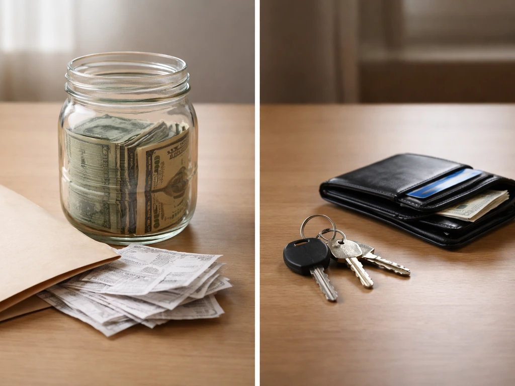 Desk scene with cash jar, receipts, wallet, and keys symbolizing assets minus liabilities.
