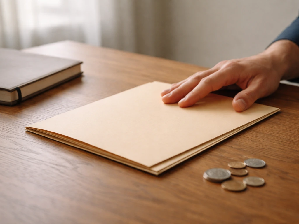 Hand placing a folder labeled “records” next to an open notebook and coins, symbolizing verification of money claims.