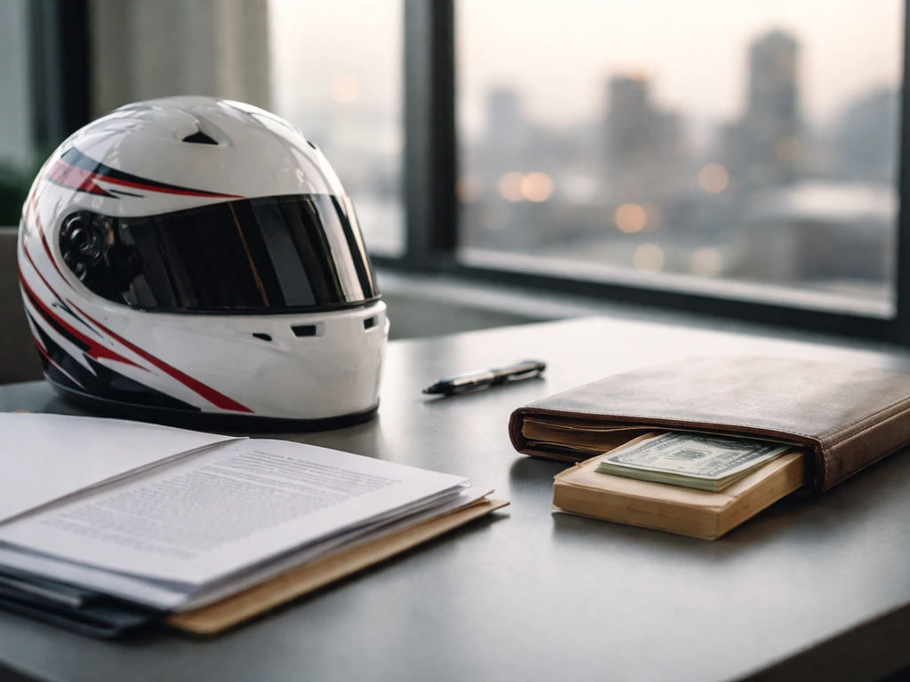 Minimal luxury office desk scene with a racing-themed helmet and cash envelope, suggesting media-driven wealth analysis.