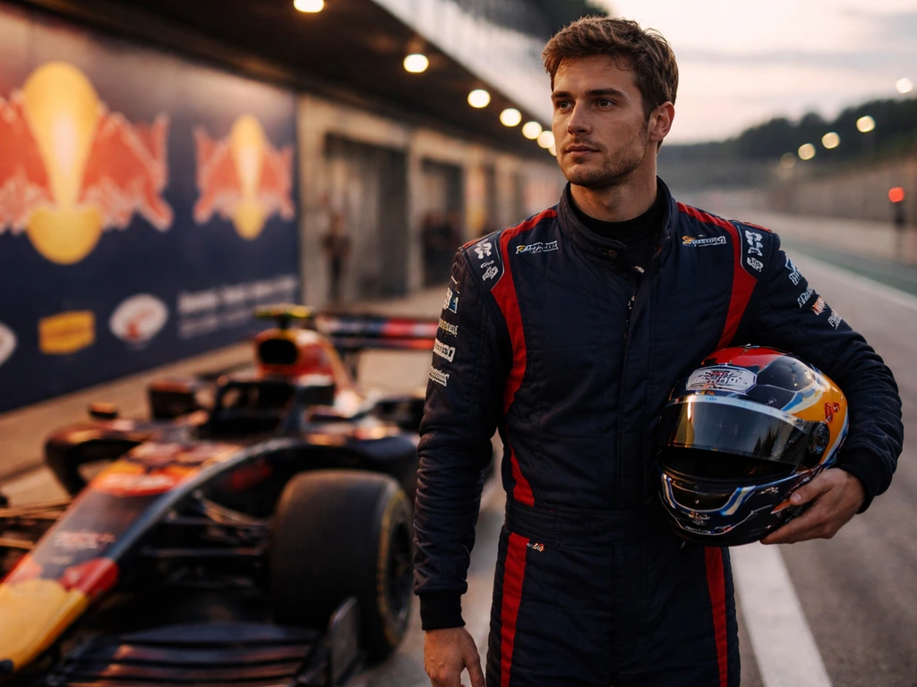 Anonymous F1 driver beside a race car in pit lane with visible sponsor branding backdrop behind.