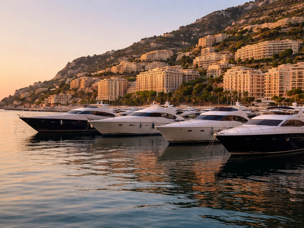 Golden-hour view of a luxury Monaco harbor with sleek yachts and elegant buildings by the sea.