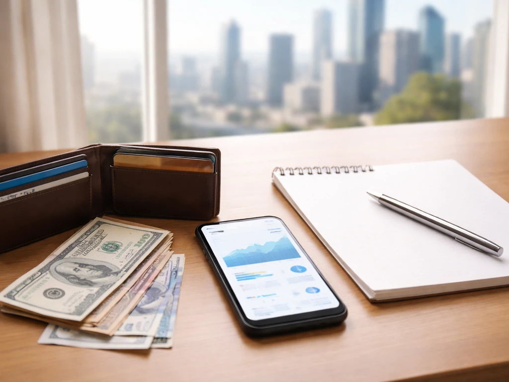 Finance desk scene with wallet, cash, blank notepad, and phone in soft city-window light.