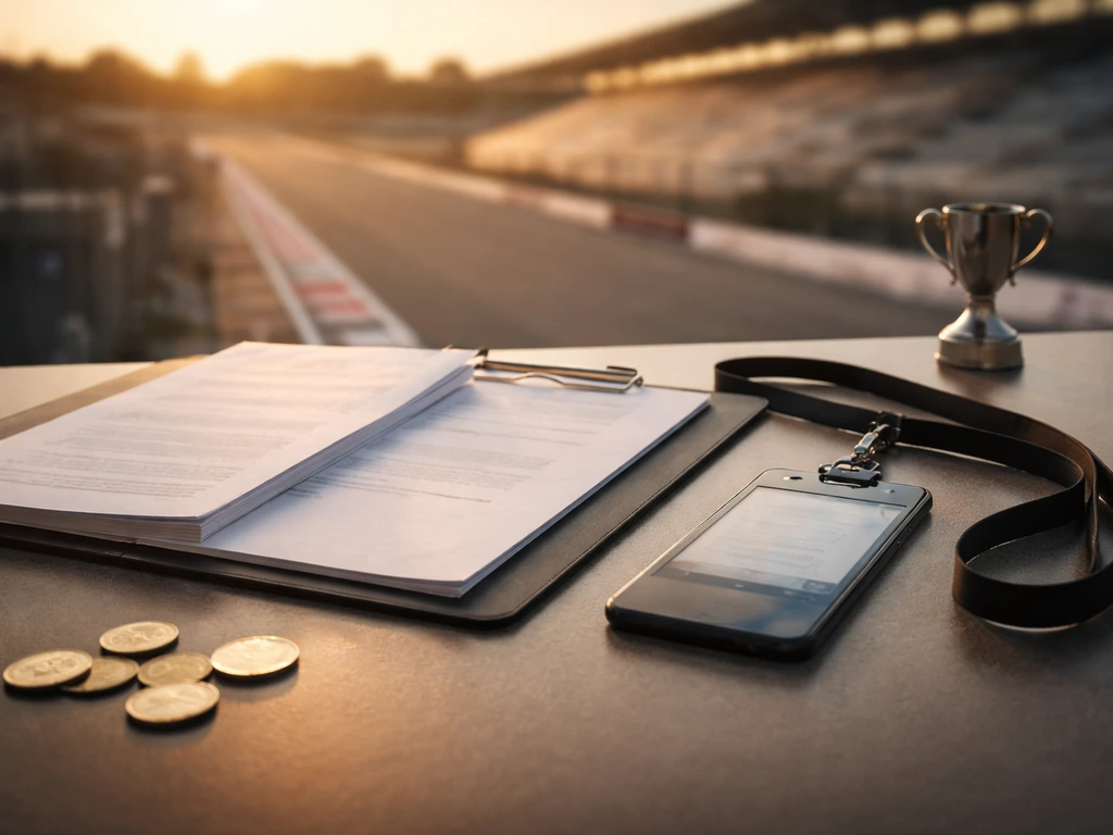 Open contract papers and coins on a desk beside a blurred race track background, symbolizing F1 income.