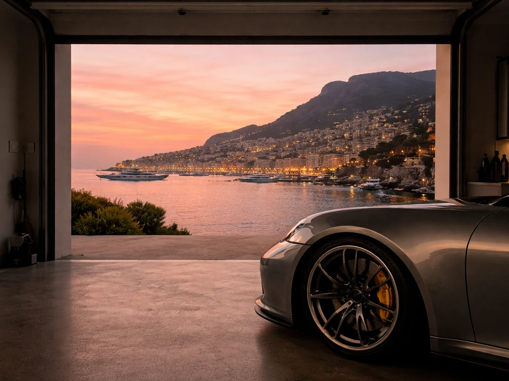 Monaco harbor skyline at dusk beside a luxury sports car in a sleek garage
