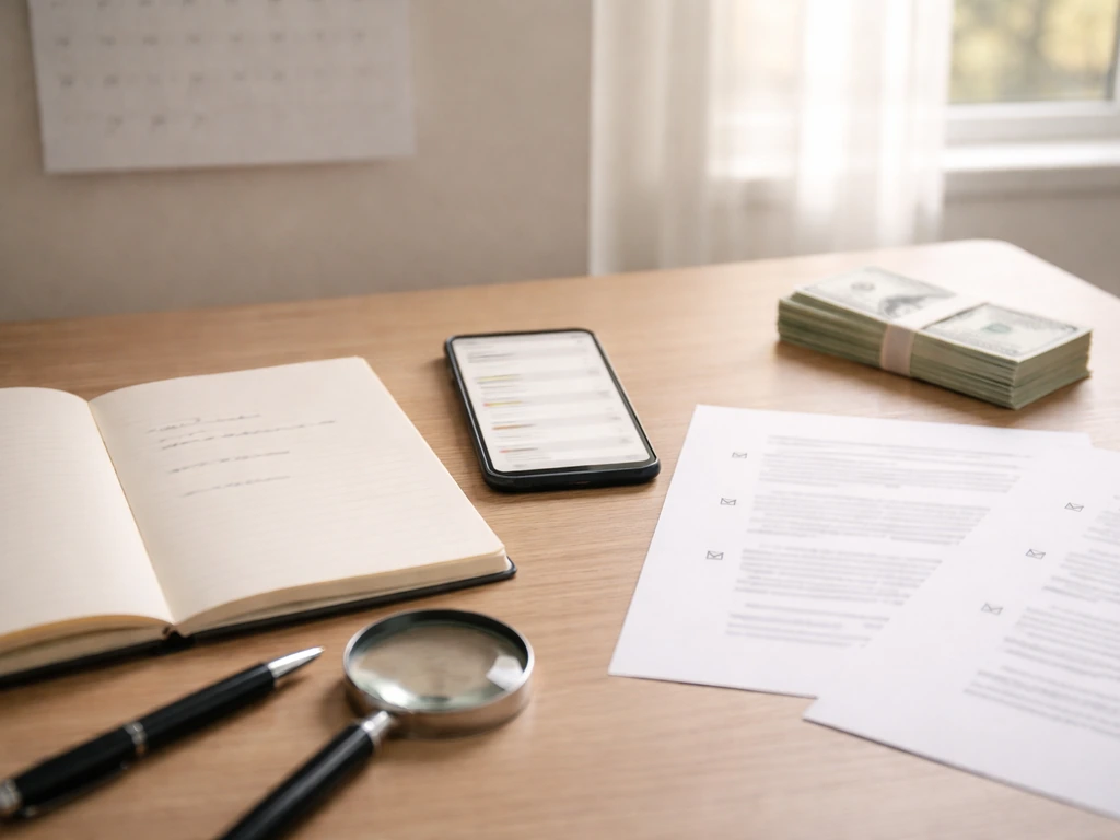Desk with notebook, magnifying glass, and contract papers symbolizing verification of estimates.