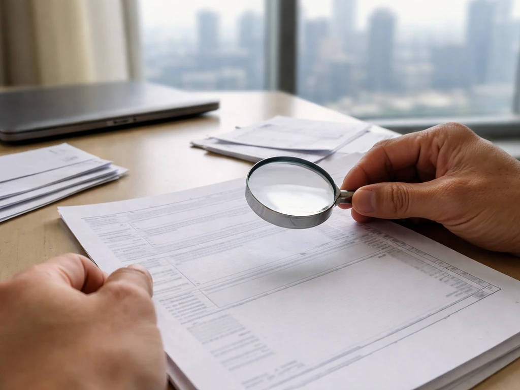 Anonymous hands reviewing blank financial documents with a magnifying glass on a desk.