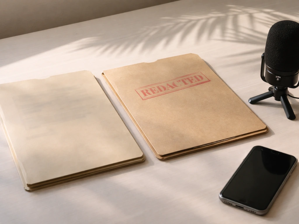 Desk scene with blurred folders, smartphone, and microphone symbolizing cross-checking public records.