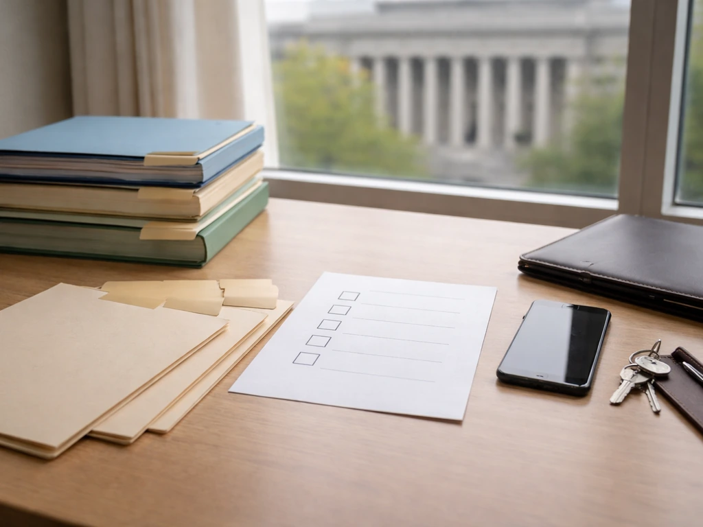Minimal desk scene with stacked folders, blank checkboxes, and file envelopes suggesting record verification sources.