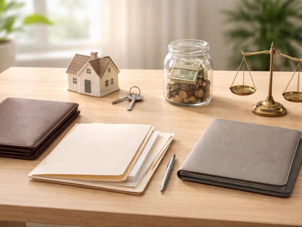 Minimal desk scene with house key, money jar, portfolio, and balance-scale ornament symbolizing asset categories.