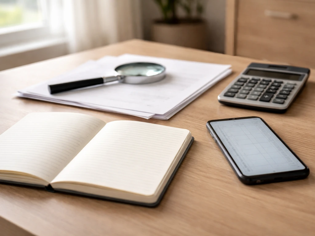 Tidy desk with blank documents, magnifying glass, calculator, and a phone suggesting reconciling conflicting numbers.