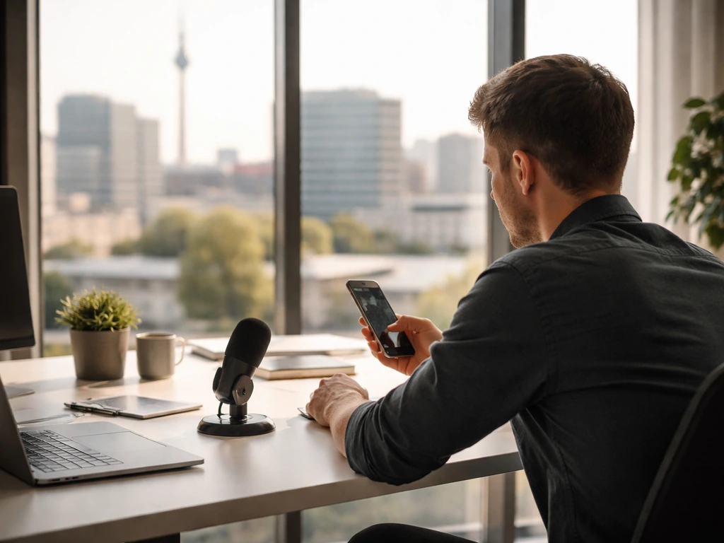 Anonymous professional at a fintech desk with phone and microphone, city view through window in soft light.