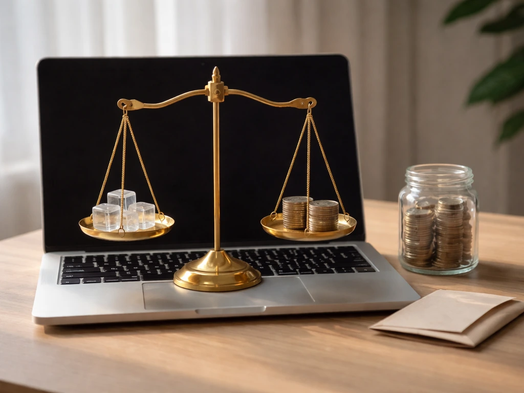 Minimal desk scene with a balanced brass scale holding acrylic tiles and coins to suggest equity vs cash.