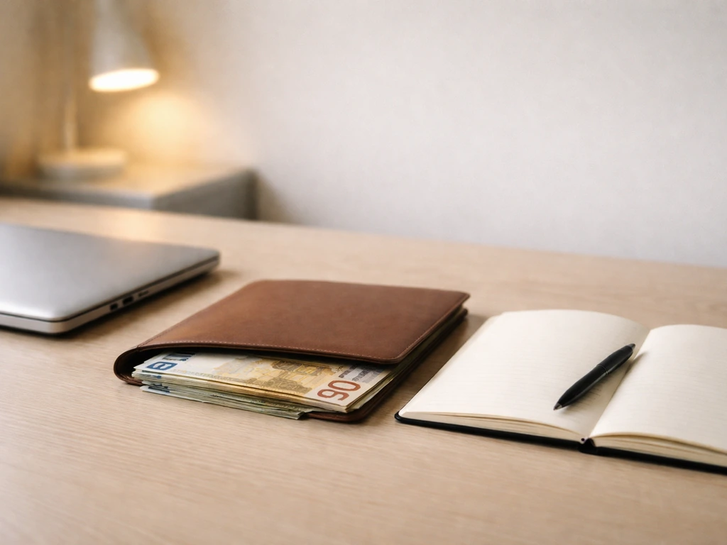 Minimal finance desk scene with a closed laptop, cash, and a notebook symbolizing funding milestones