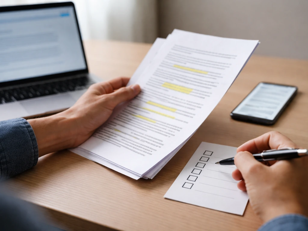 Anonymous hands reviewing unreadable financial filings and a blank checklist on a desk, with natural light.