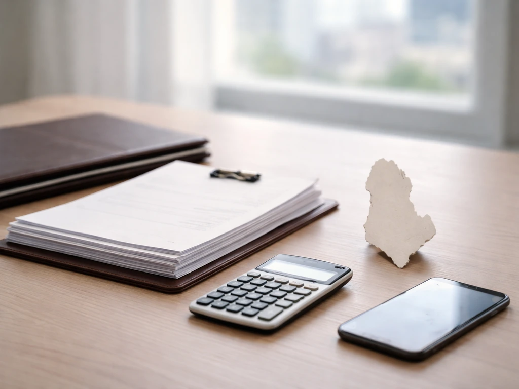 Albanian business net-worth estimation scene with documents, calculator, and subtle map-like reference