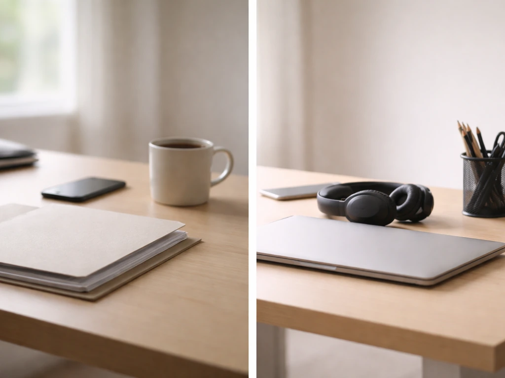 Minimal split-screen of two anonymous office desk setups suggesting a name-collision check.