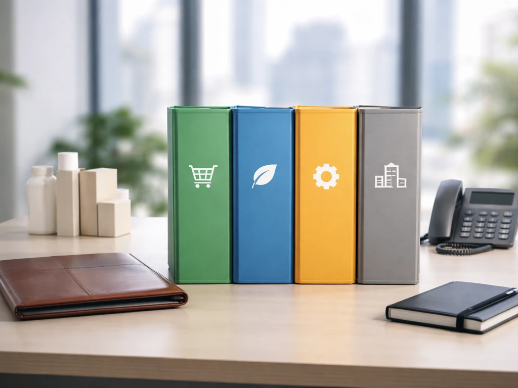 Minimal office desk with folders and generic goods boxes symbolizing different business sources