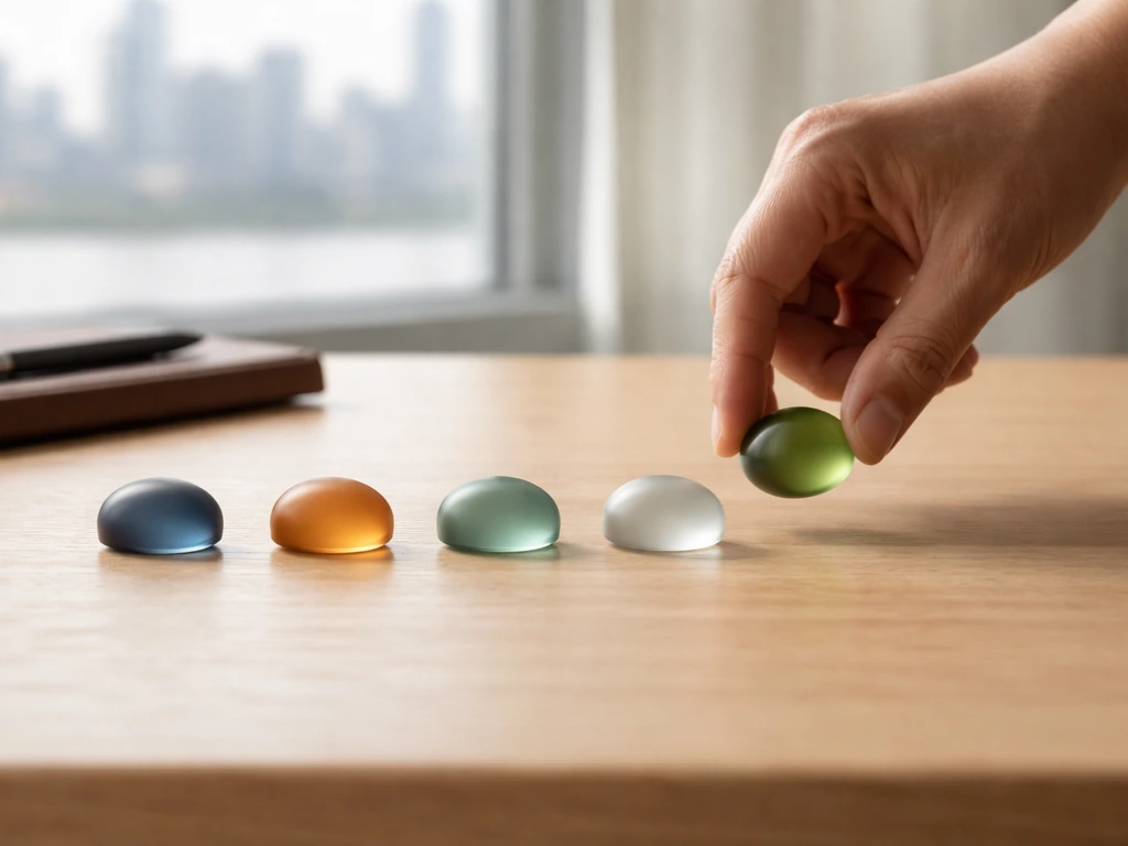 Hand places colored milestone tokens in a line on a light-wood desk, suggesting a financial timeline.