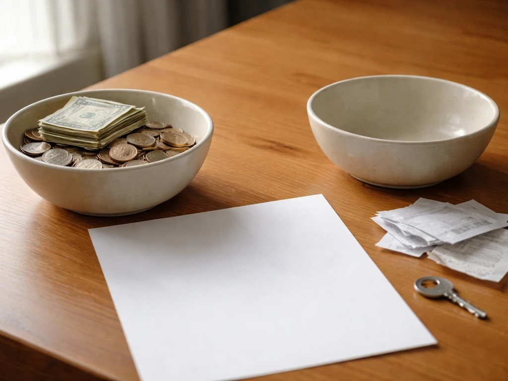 Minimal desk scene with coins and bills on one side and receipts on the other, symbolizing assets minus liabilities