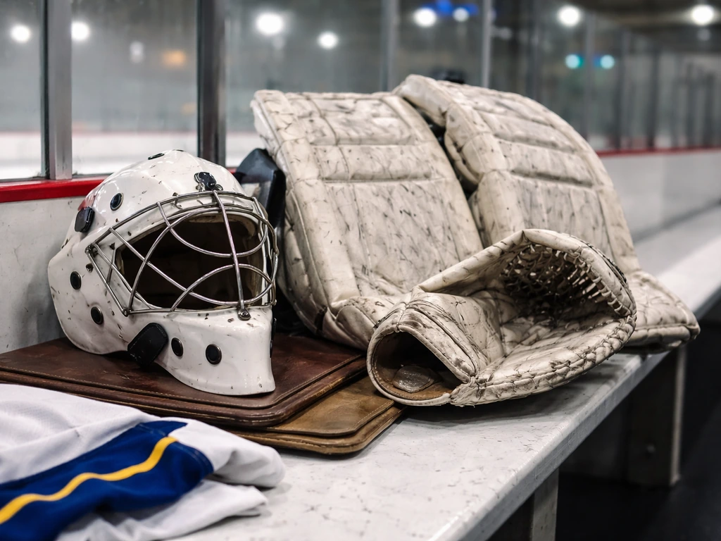 Close-up of NHL goalie mask, pads, and glove on a rink bench with a leather portfolio nearby.