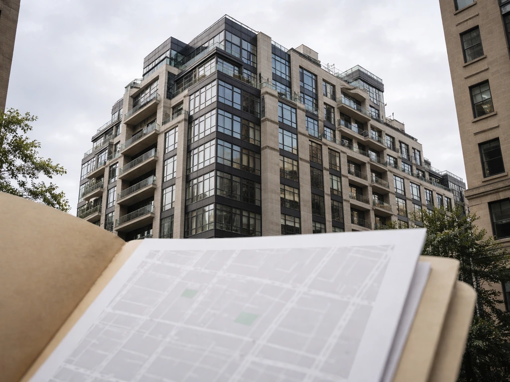 Minimal photo of a NYC building exterior with a blank street-style map view suggesting 310 W 52nd St