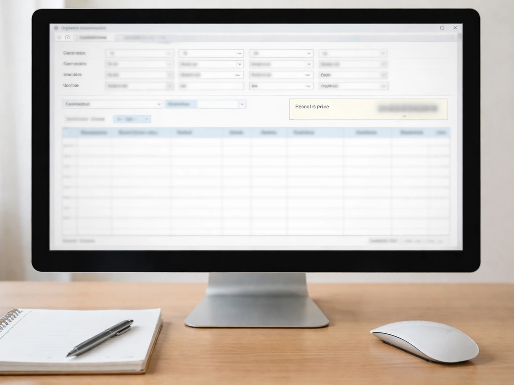 Close-up of a desktop screen showing an anonymous property transaction database entry with blurred fields.