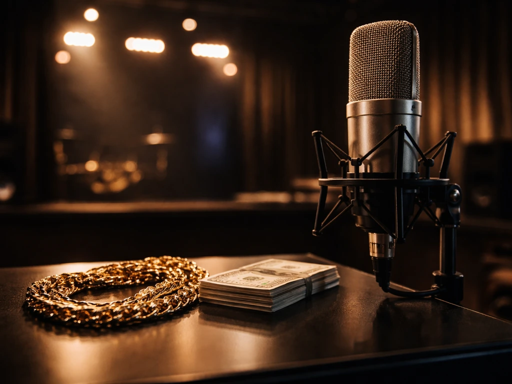 Dimly lit studio desk with a microphone and jewelry, symbolizing celebrity wealth and music media analysis.