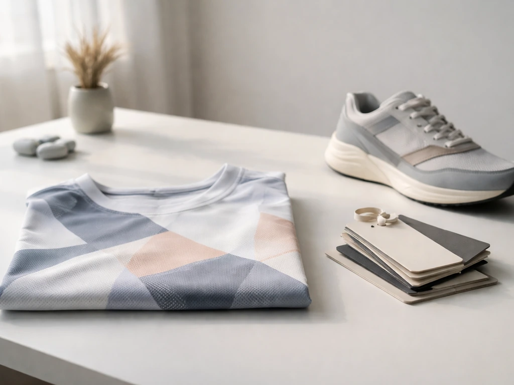Minimal display of athleisure and sports jersey partnership materials on a clean desk with a sneaker nearby.