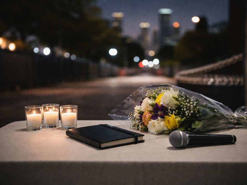 Houston-themed memorial backdrop with candles and a subtle cash-and-media symbolism, no text