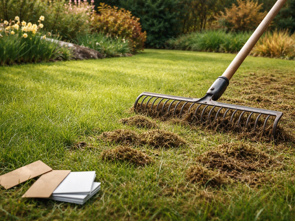 Groeiend gazon met verticuteerhark, lente- en najaarachtige graszones in een rustige tuin, zonder tekst.
