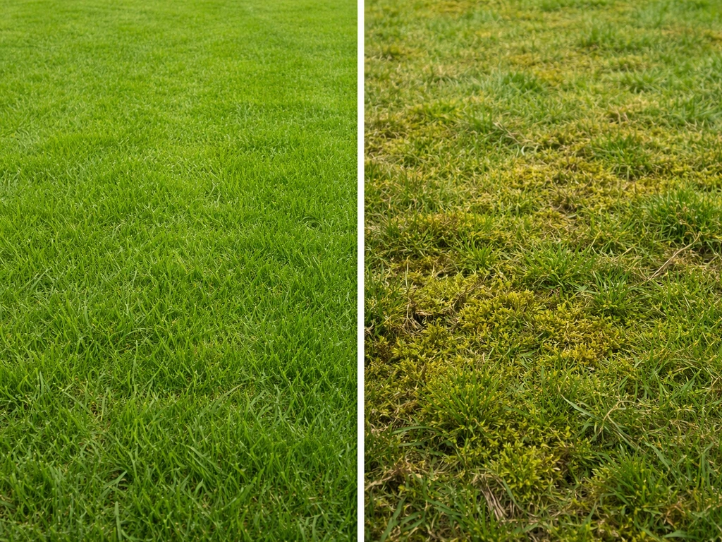 Links een fris, gelijkmatig gazon; rechts een verwaarloosde plek met dikkere viltlaag en meer mos.