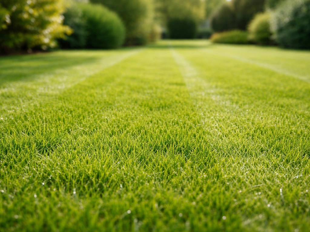 Pas gemaaid nieuw gazon met verse jonge grassprieten na de eerste maaibeurt, strak en lichtgroen.