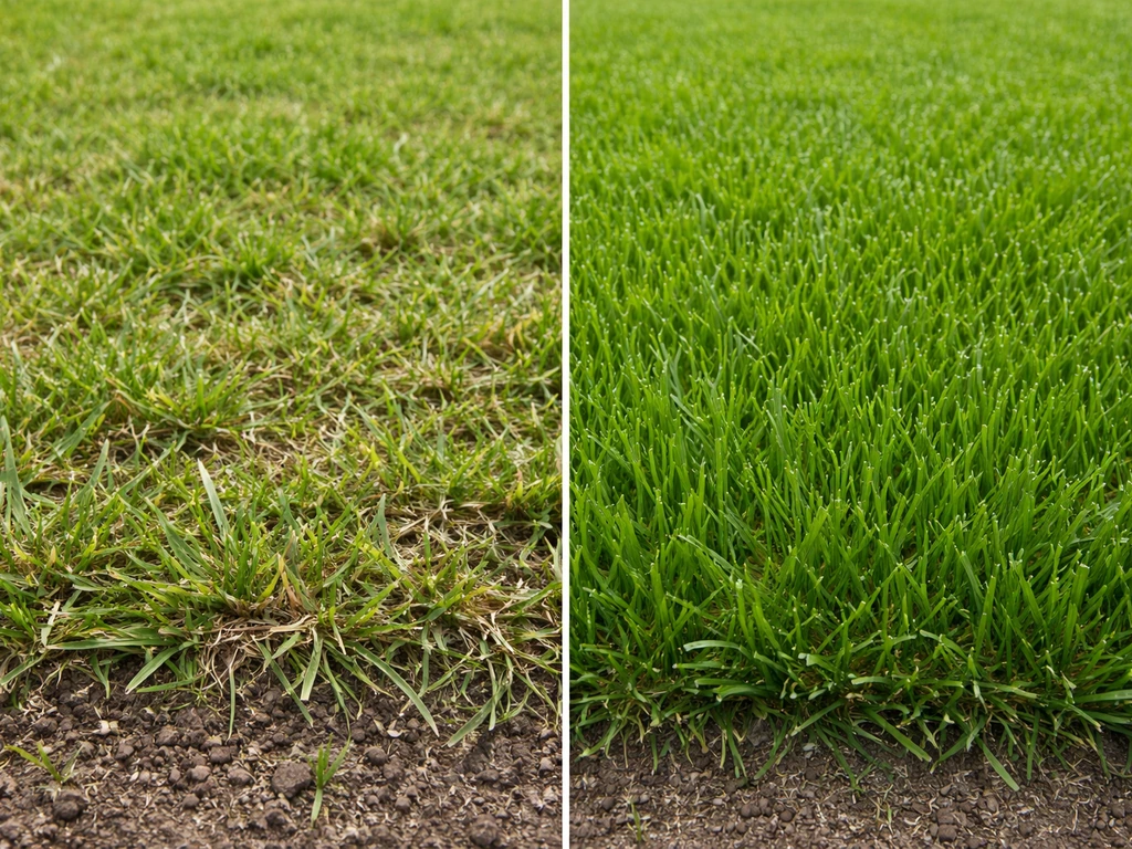 Vergelijking van te kort gemaaid, losgeraakt gras links en correct gemaaid nieuw gazon rechts.