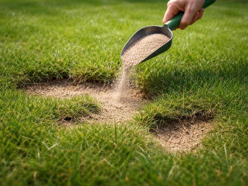 Close-up van een gazon met kuilen en hobbels, met zand dat wordt uitgestrooid om te egaliseren