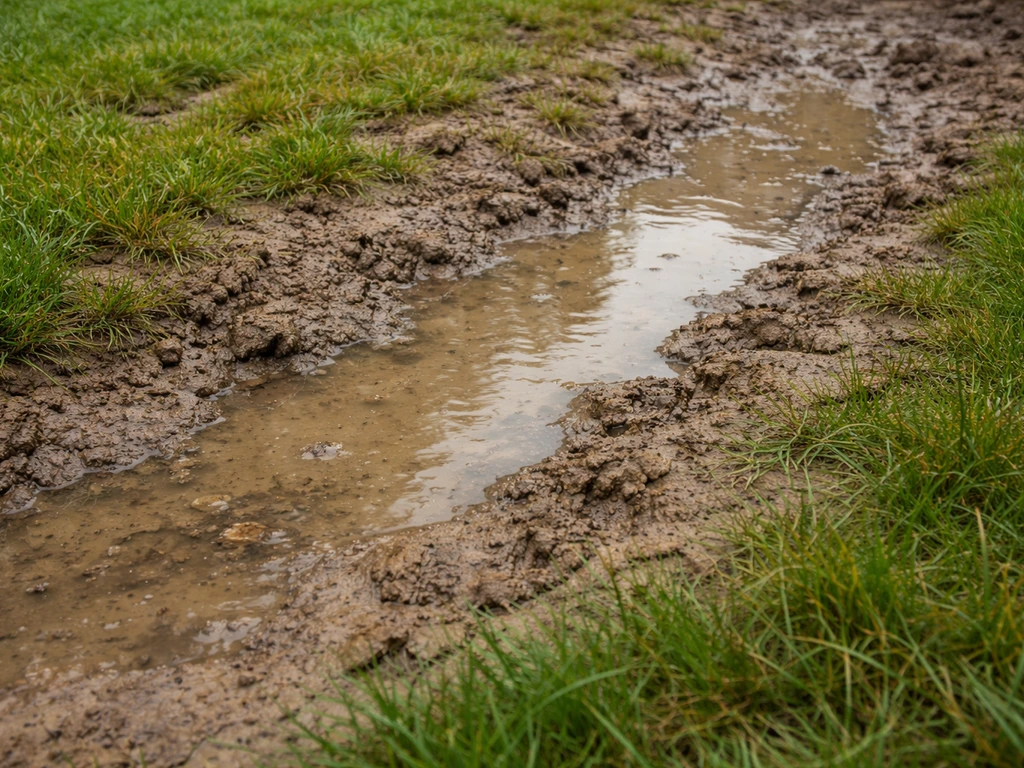 Modderige tuin met nat zand en platgelopen gras, duidelijk te nat om te zaaien of door te werken.