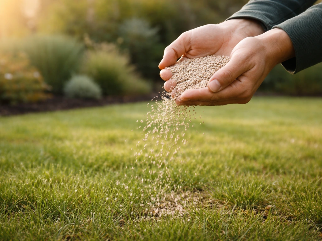 Anonieme hand strooit gazonmestkorrels uit over nieuw aangelegd gras in een rustige tuin.