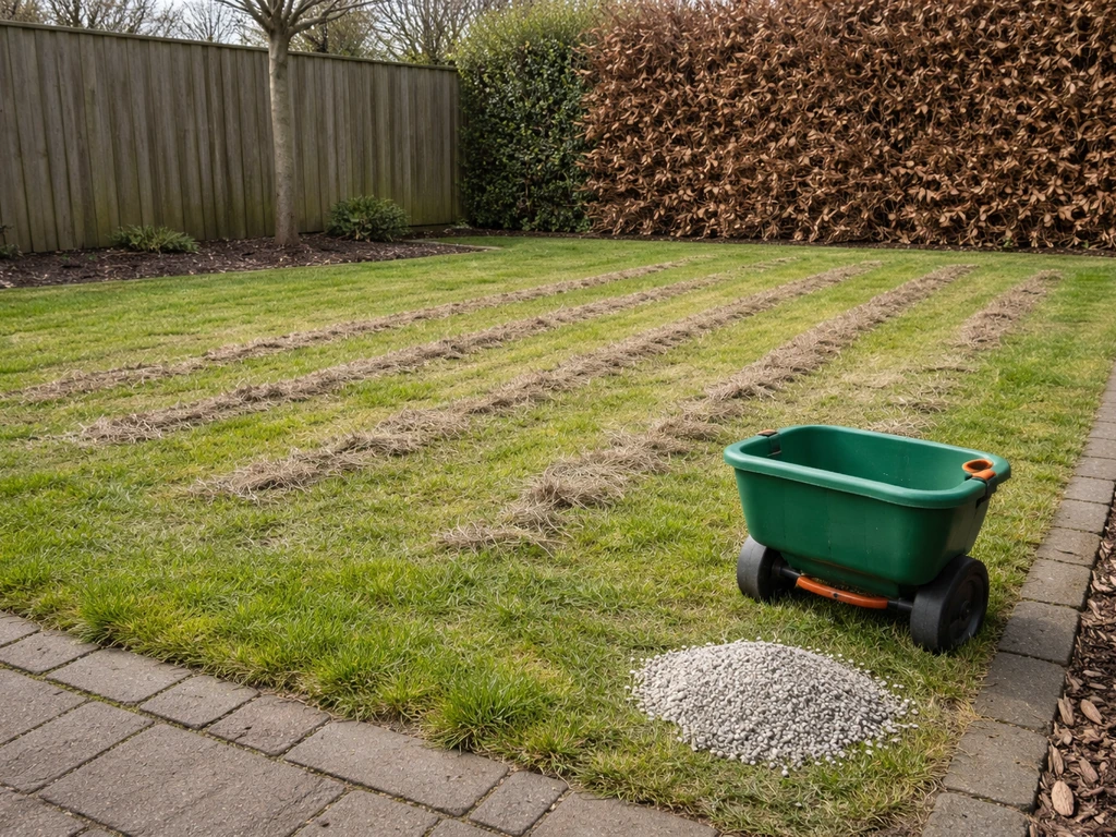 Nederlands gazon met losgetrokken vilt na verticuteren en kalk-/strooikorrels op de rand.