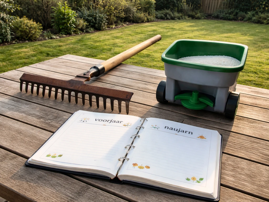 Tuinierstoel met verticuteerhark en een kalkstrooier naast een seizoensklare agenda, voorjaar en najaar in beeld.
