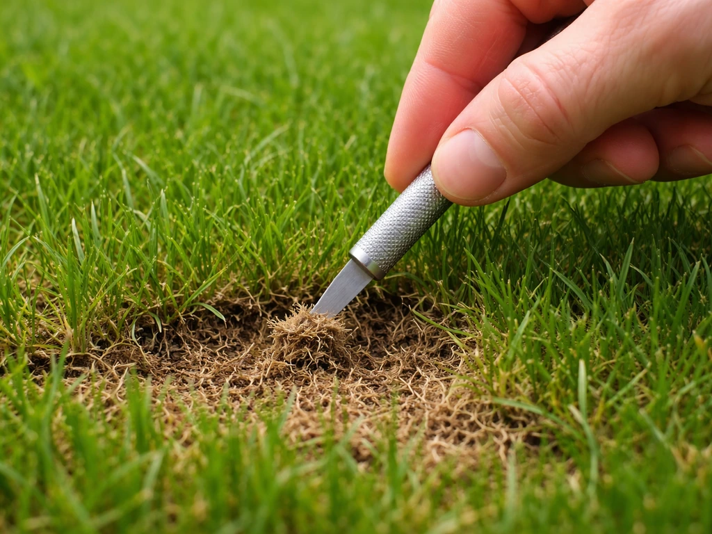 Close-up van een hand en pennemes die viltlaag in het gazon blootleggen; groen gras en bruinig vilt vallen op.