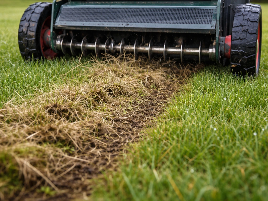 Close-up van een verticuteermachine die vilt snijdt met messen net boven licht vochtig gras.