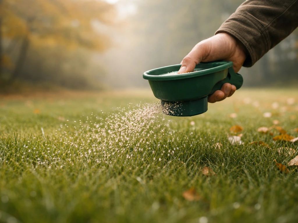 Tuiner strooit herfstmest op een gazon; herfstige sfeer, voorbereiding op de winter