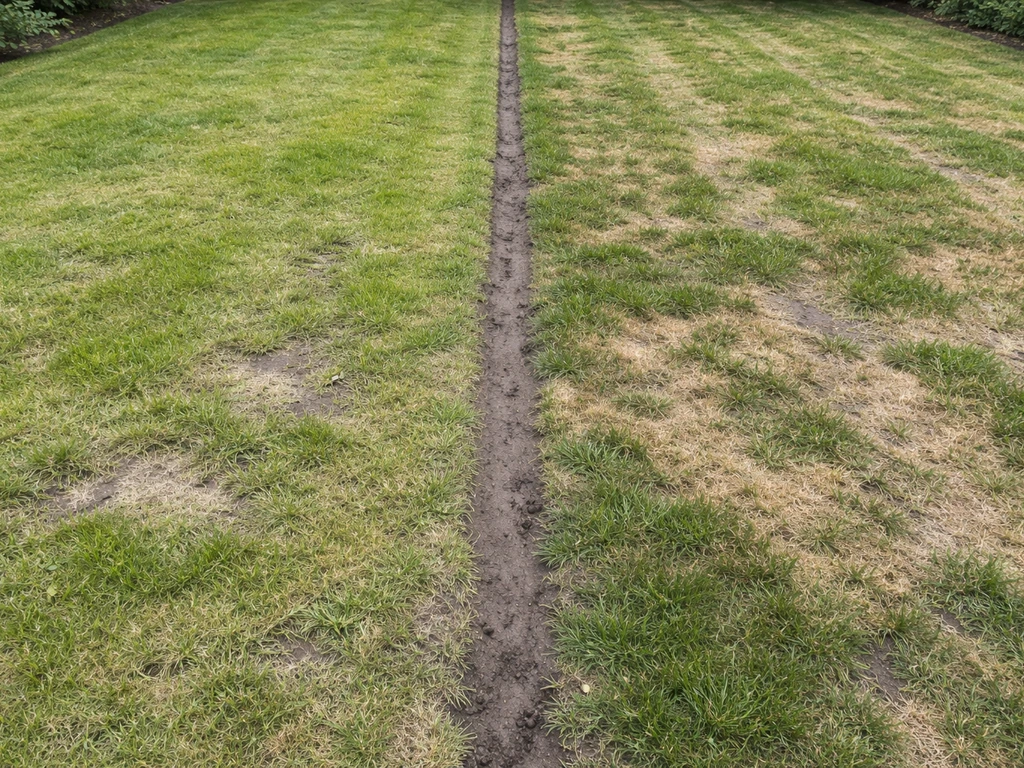 Links geel en ijl gazon, rechts verbrand en gestreept gazon in dezelfde tuin voor vergelijking.