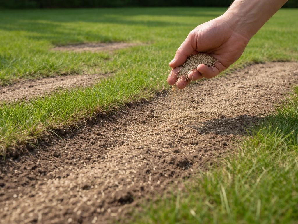Hand die graszaad in doorgezaaide stroken zaait op een kale plek in het gazon, net na voorbereiden.