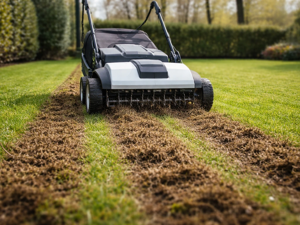 Verticuteermachine die vilt uit een gazon haalt in de lente, met zichtbare uitgekraste banen