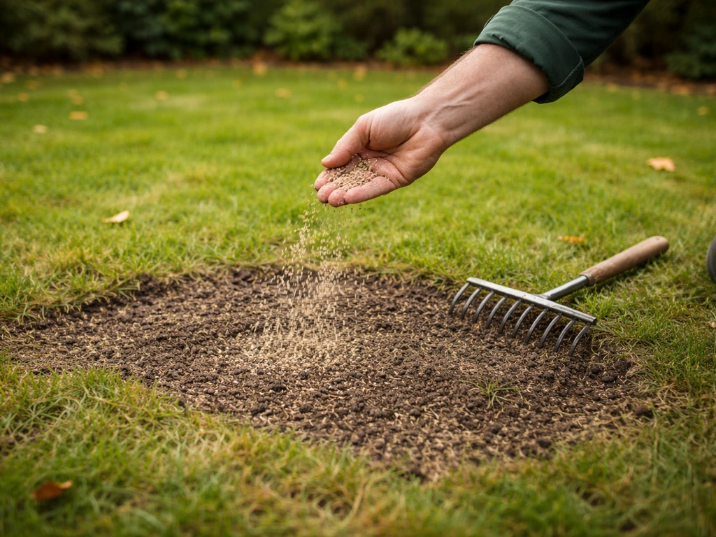 Iemand zaait graszaad in opengevallen plekjes op een gazon, herfstachtige, licht afgeharkte toplaag