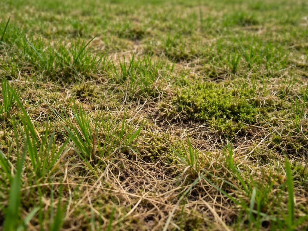 Close-up van een gazon met viltlaagje en mosplekken, net vóór/na het uitkammen.
