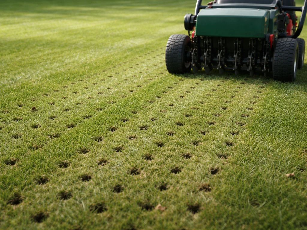 Beluchting van een gazon met een beluchtingsmachine: rijen priksporen en frisse grasdetail