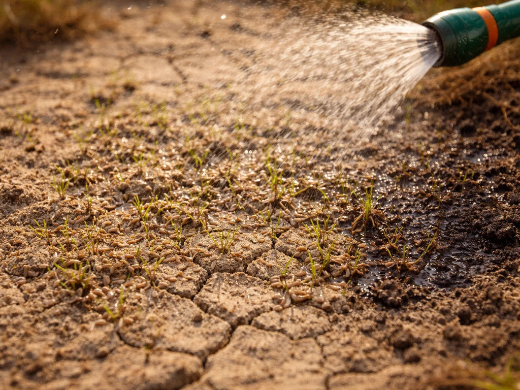 Close-up van pas gezaaid graszaad op droge grond terwijl een sproeistraal het nat maakt.